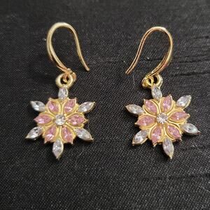 Pink & gold tone crystal snowflake shaped Christmas earrings